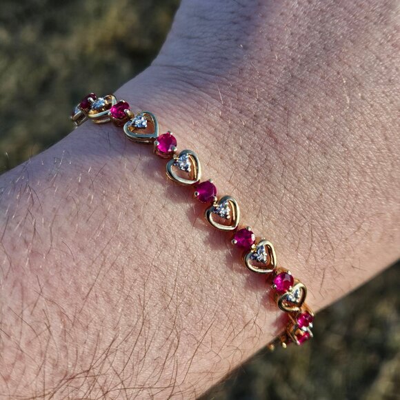 10KT Yellow Gold Diamond & Lab Grown Ruby Heart Link Tennis Bracelet 8 Inches - Picture 5 of 15